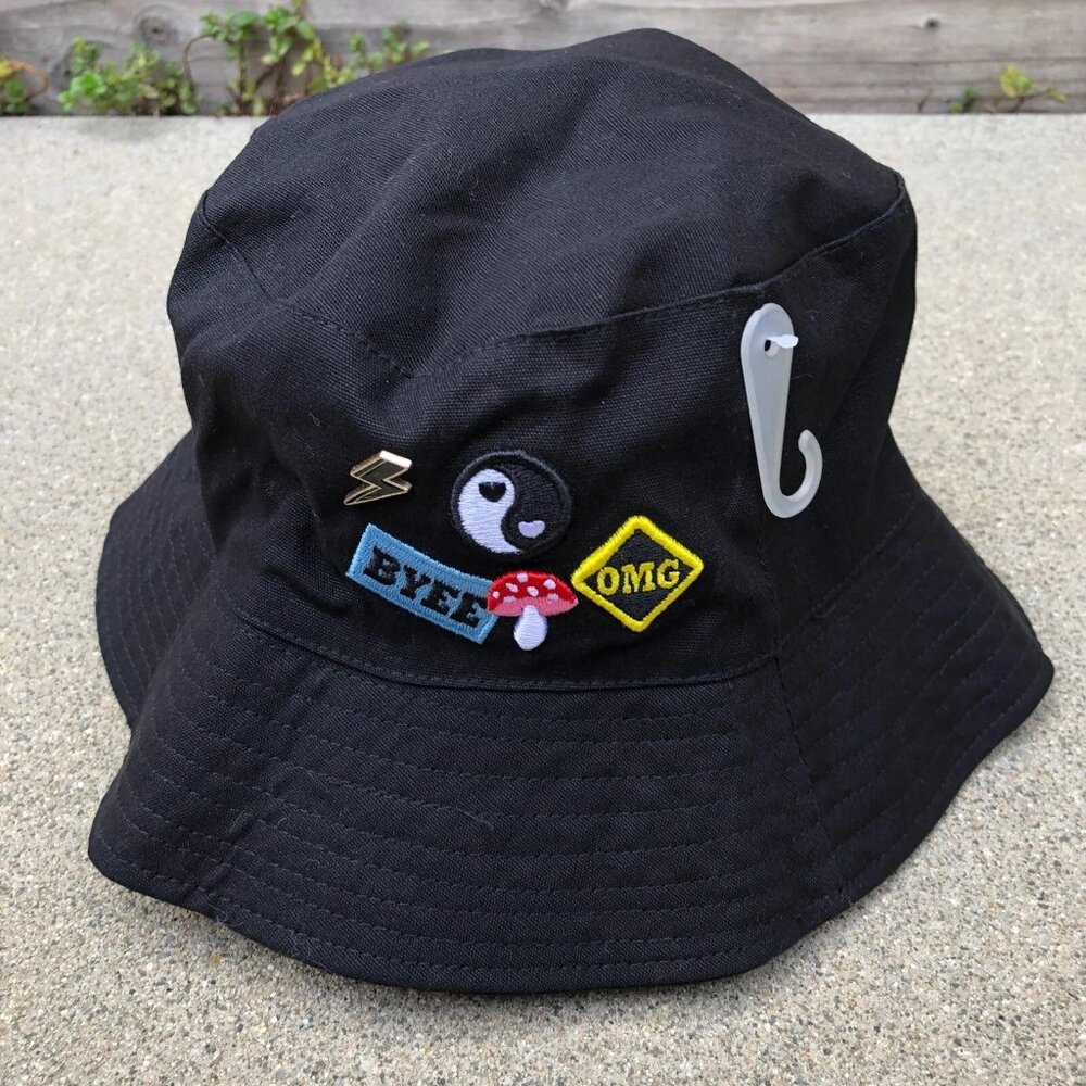 CLAIRE'S Bucket Hat Girl's Patches One Size Black Cap Brand New with Tags